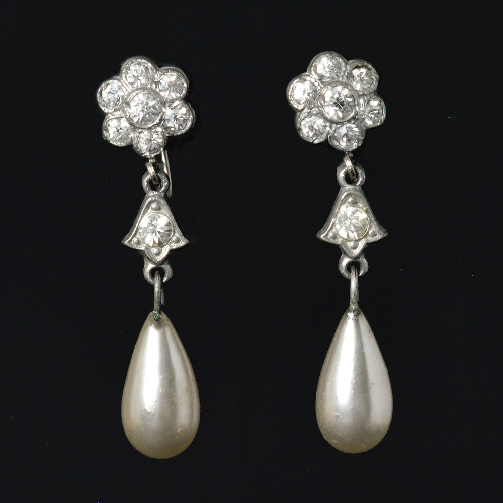 Art Deco floral crystal and pearl screw back earrings
